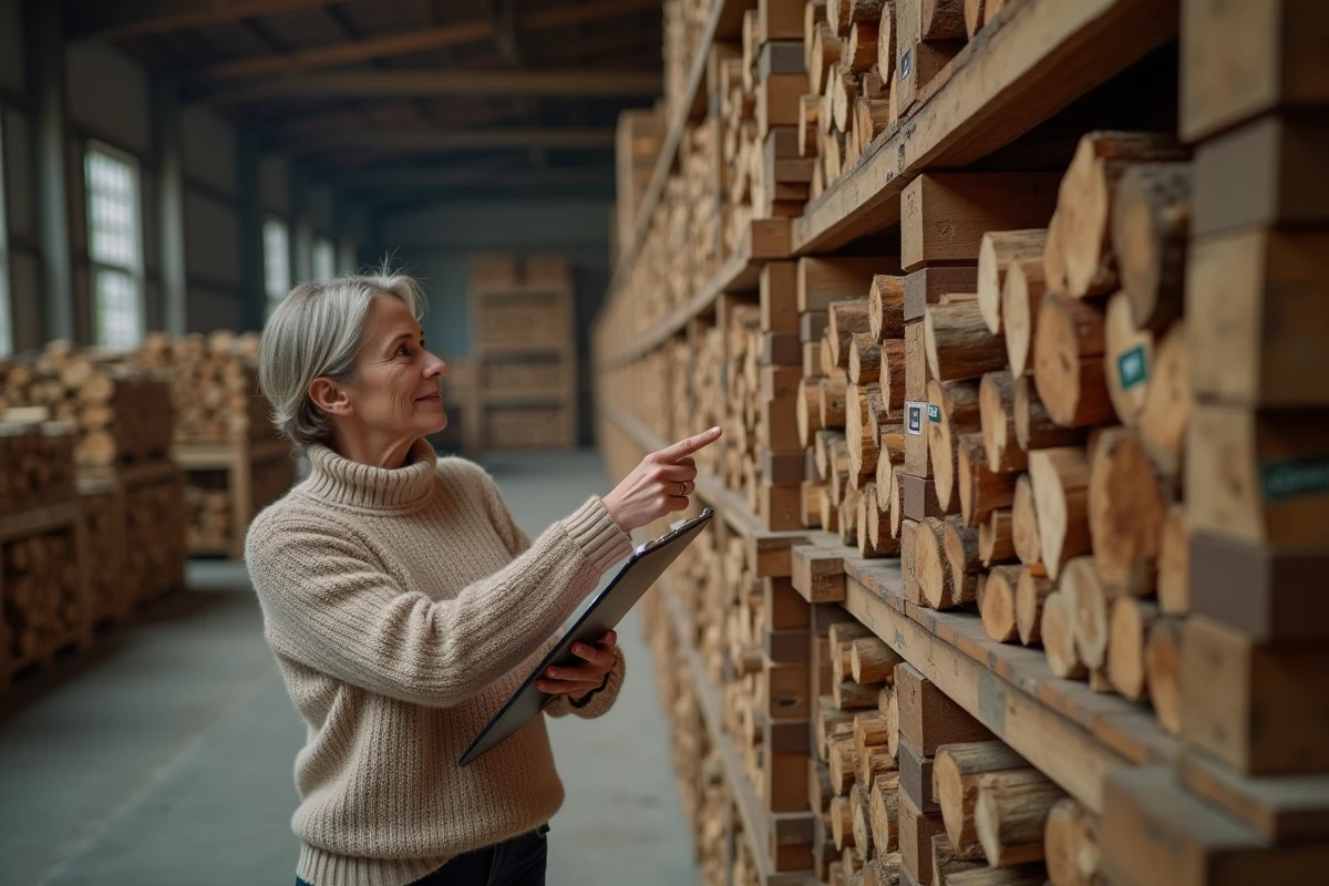 Femme comparant les offres de bois de chauffage en palette chez un fournisseur avec liste de questions