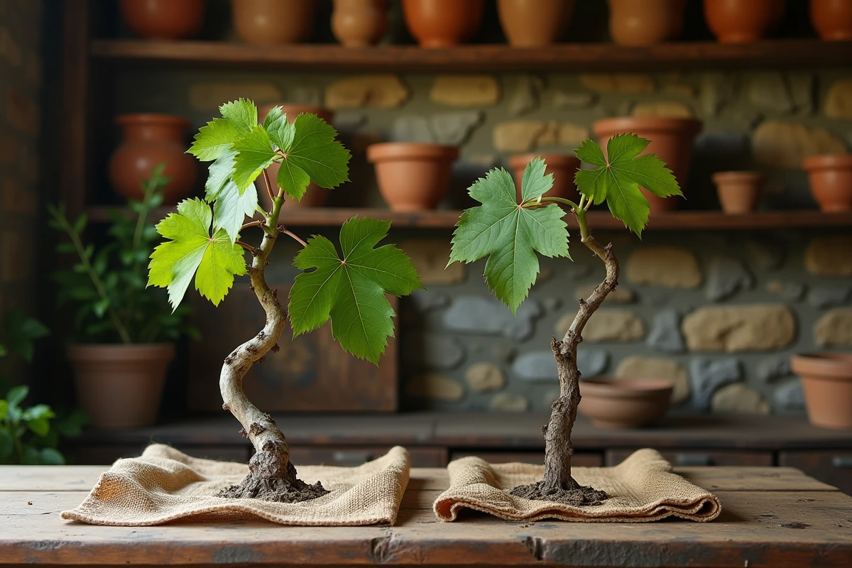 Comparaison côte à côte d'une vigne taillée en forme décorative et d'une vigne taillée en Guyot pour la production sur table en bois