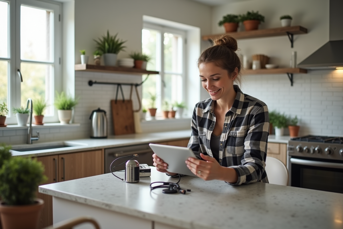 Femme connectant capteurs météo sur une tablette dans la cuisine