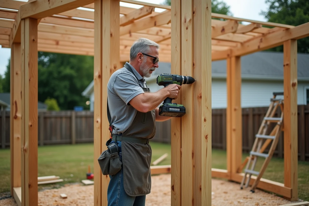 Artisan installant les panneaux latéraux d'une pergola en bois fermée en cours de construction dans un jardin