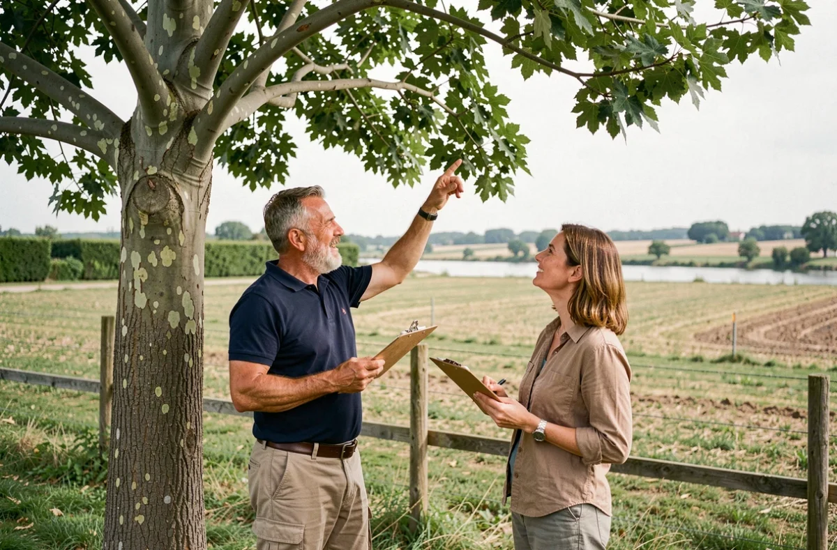 Artisan élagueur en consultation avec une propriétaire devant un peuplier sur une propriété rurale près de l'Adour dans le Tursan