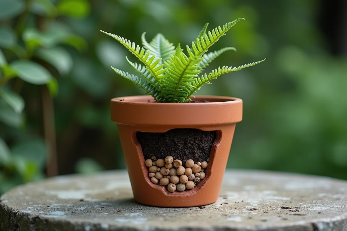 Coupe transversale d'un pot de plante montrant les couches de billes d'argile, terreau humide et racines de fougère