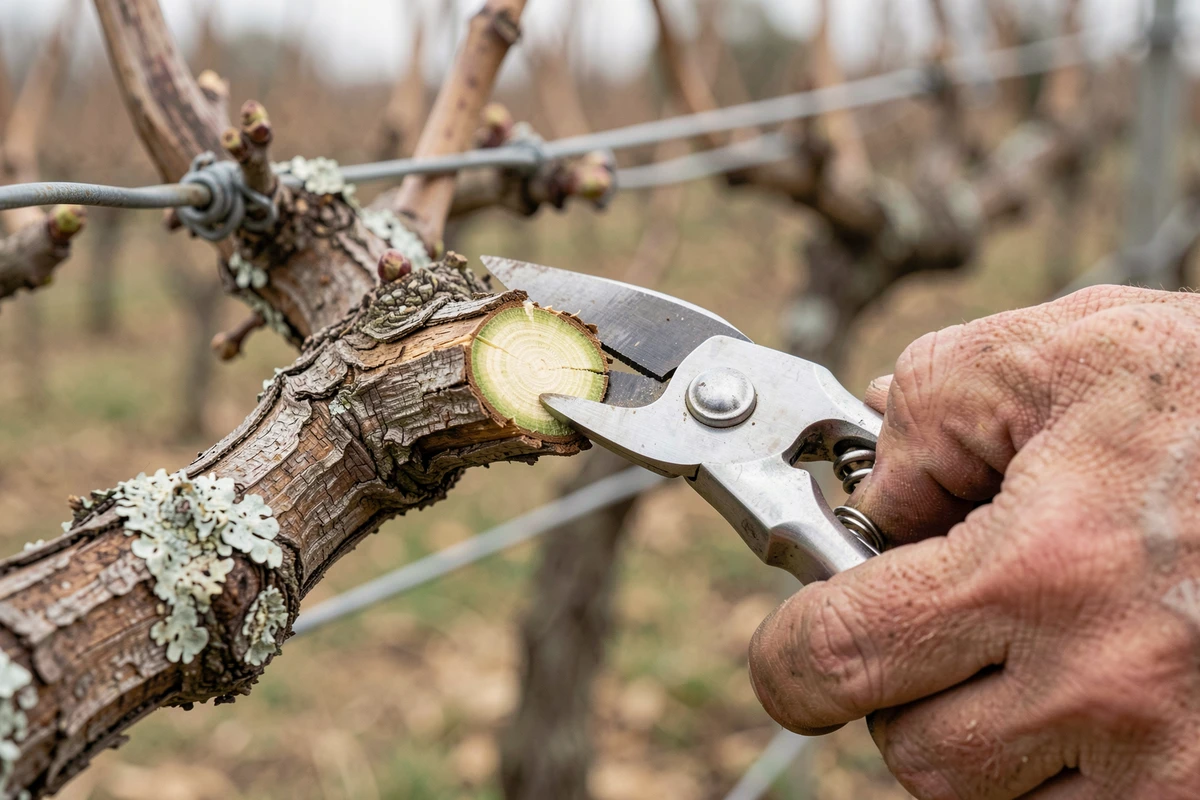 Gros plan sur la coupe nette d'un sarment de vigne avec un sécateur pour prévenir les maladies fongiques