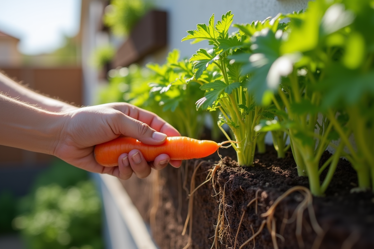 Main qui tire une carotte dans un jardin urbain ensoleille