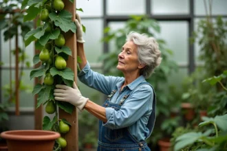 Femme cultivant des christophines sur un treillis en bois à l'intérieur d'une serre en verre, avec des fruits verts bien développés visibles parmi le feuillage dense