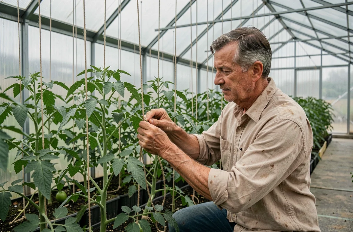 Homme cultivant des tomates en plusieurs tiges dans une serre avec tuteurs et ficelles verticales