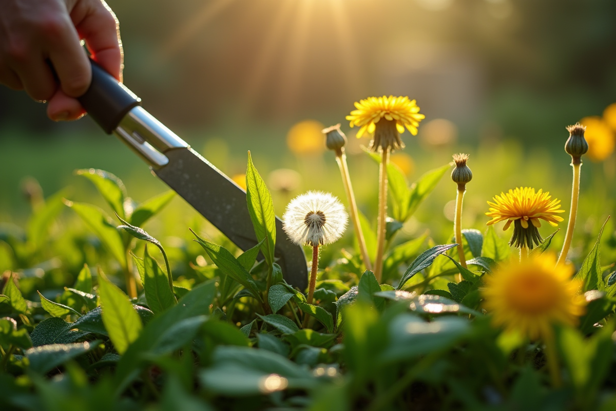 Gros plan de mauvaises herbes et outil de désherbage au matin
