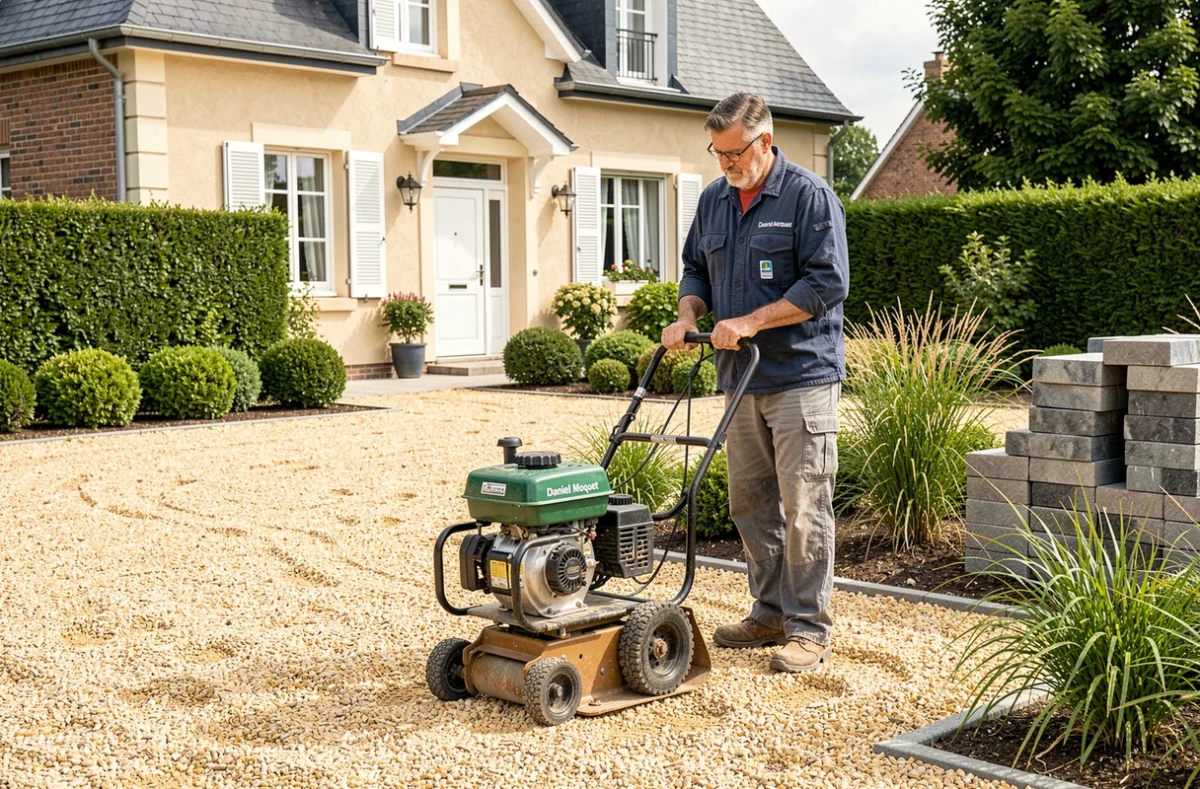 Professionnel Daniel Moquet réalisant un aménagement extérieur avec allée en gravier dans un jardin des Yvelines