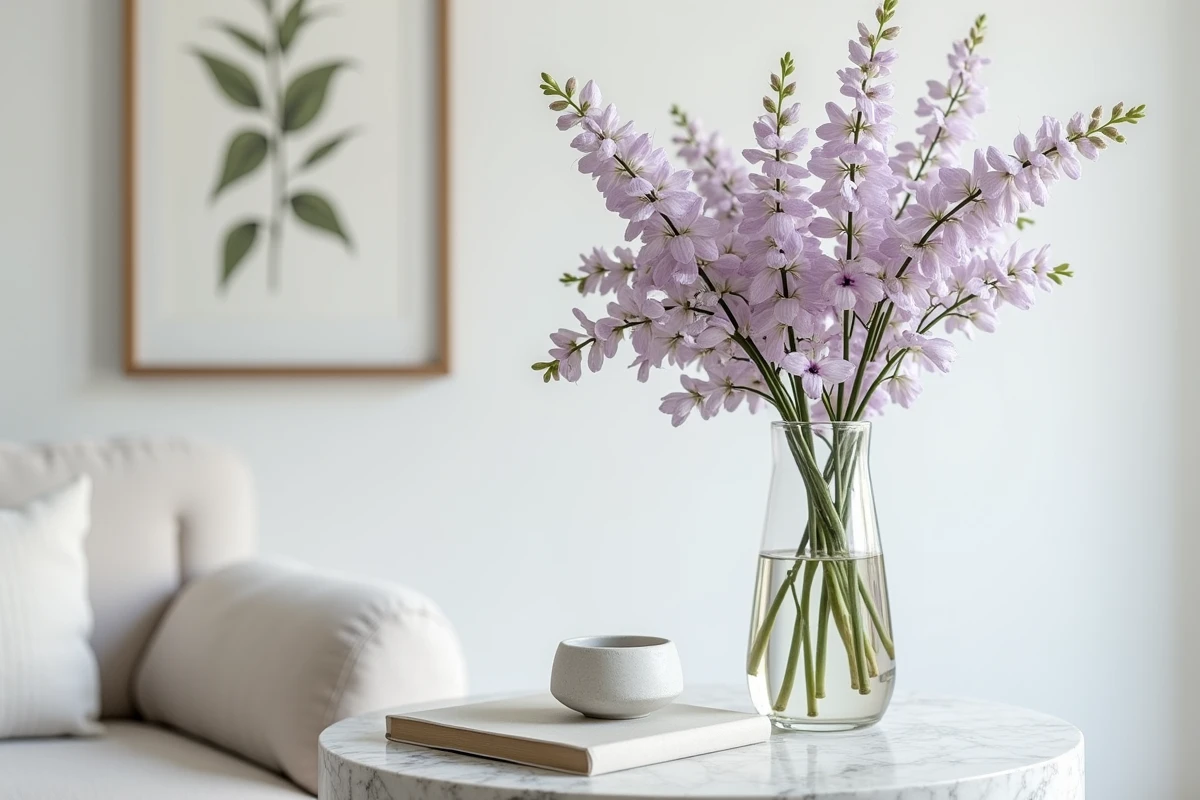 Décoration intérieure minimaliste avec un vase en verre contenant des fleurs de Chamelaucium Geraldton Wax sur une table en marbre