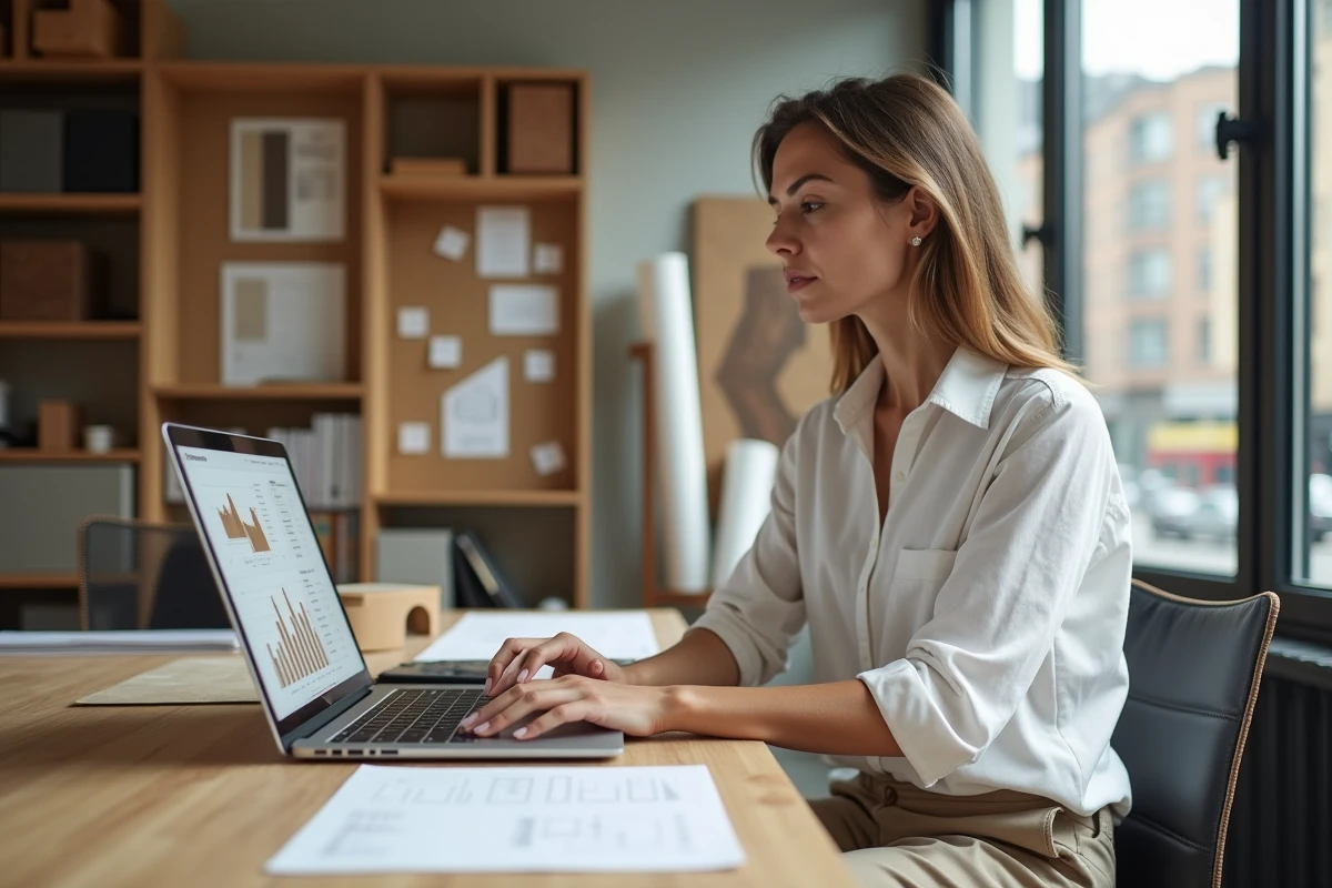 Designer intérieure analysant les courbes de prix du chêne M3 sur un ordinateur portable dans un studio de conception