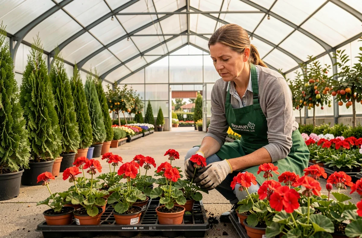 Employée d'une jardinerie moderne près de Rouen inspectant des géraniums en pot sous une grande serre
