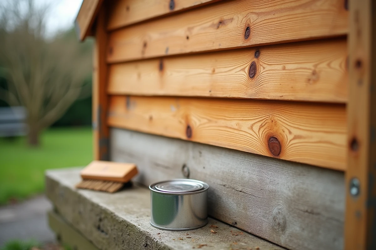 Gros plan sur des planches en bois d'abri de jardin montrant la différence entre bois traité et bois non traité