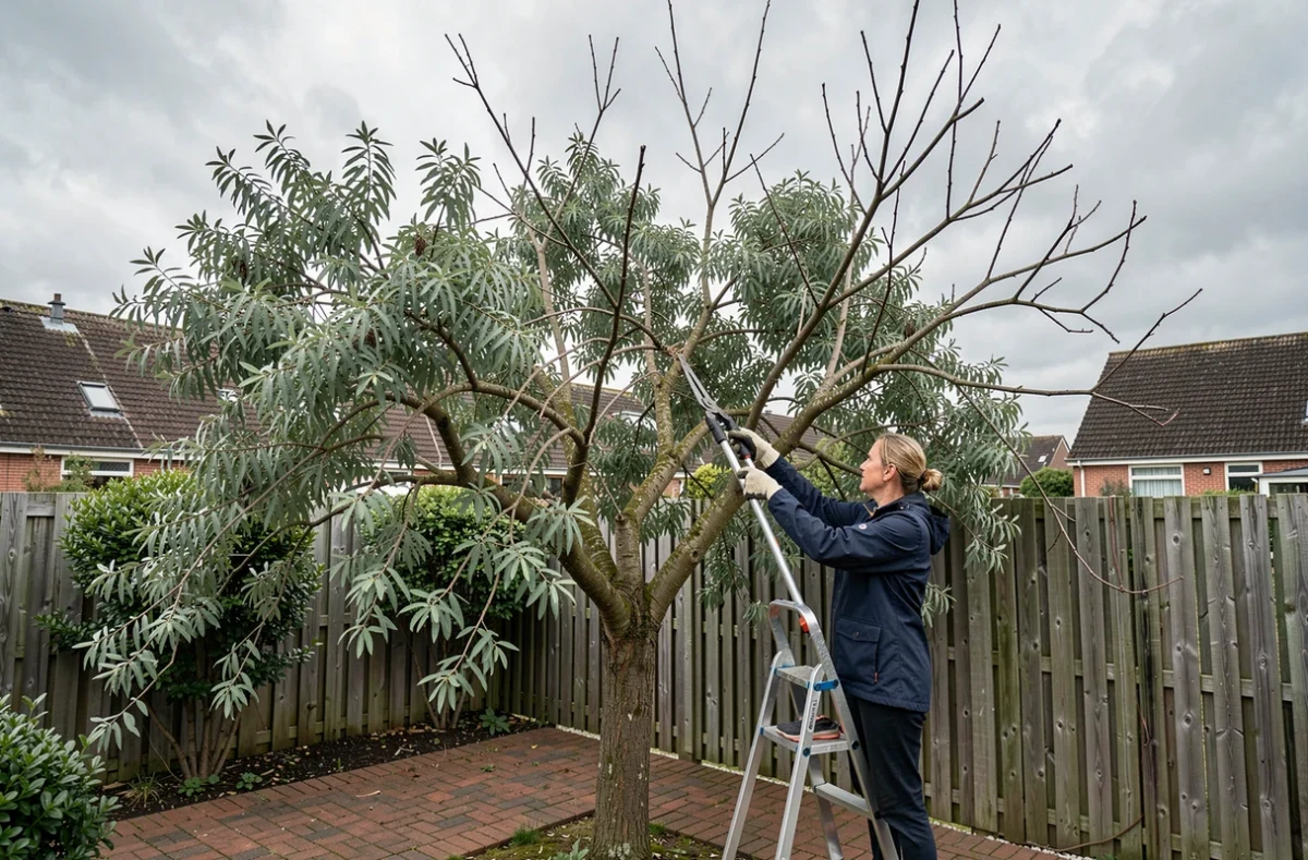 Femme jardinière élaguant les branches mortes d'un Cider Gum défolié dans un jardin urbain depuis un escabeau