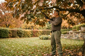 Arboriste procédant à un élagage soigné d'un chêne mature dans un jardin paysager en automne
