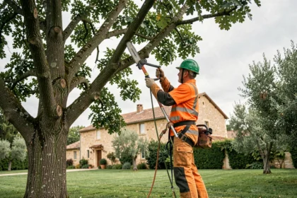 Élagueur professionnel en tenue de sécurité taillant un grand chêne dans un jardin résidentiel du sud-ouest de la France
