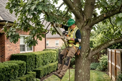Élagueur professionnel en train de tailler un grand chêne dans un jardin de particulier avec équipement de sécurité complet