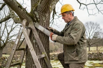 Élagueur professionnel taillant une branche de chêne mature avec une scie à main au printemps