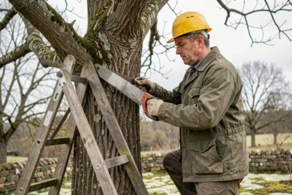 Élagueur professionnel taillant une branche de chêne mature avec une scie à main au printemps