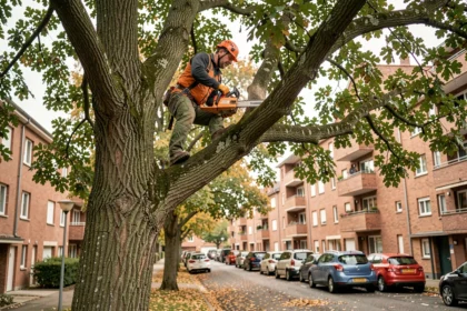 Élagueur professionnel équipé d'un casque et d'un harnais travaillant en hauteur dans un arbre dans une rue résidentielle de Drancy