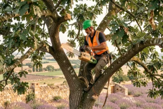 Élagueur professionnel en train d'élaguer un chêne dans un paysage provençal en Vaucluse
