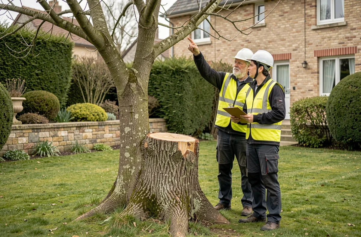 Deux élagueurs en gilets jaunes consultant un devis dans un jardin résidentiel à Drancy avant des travaux d'élagage