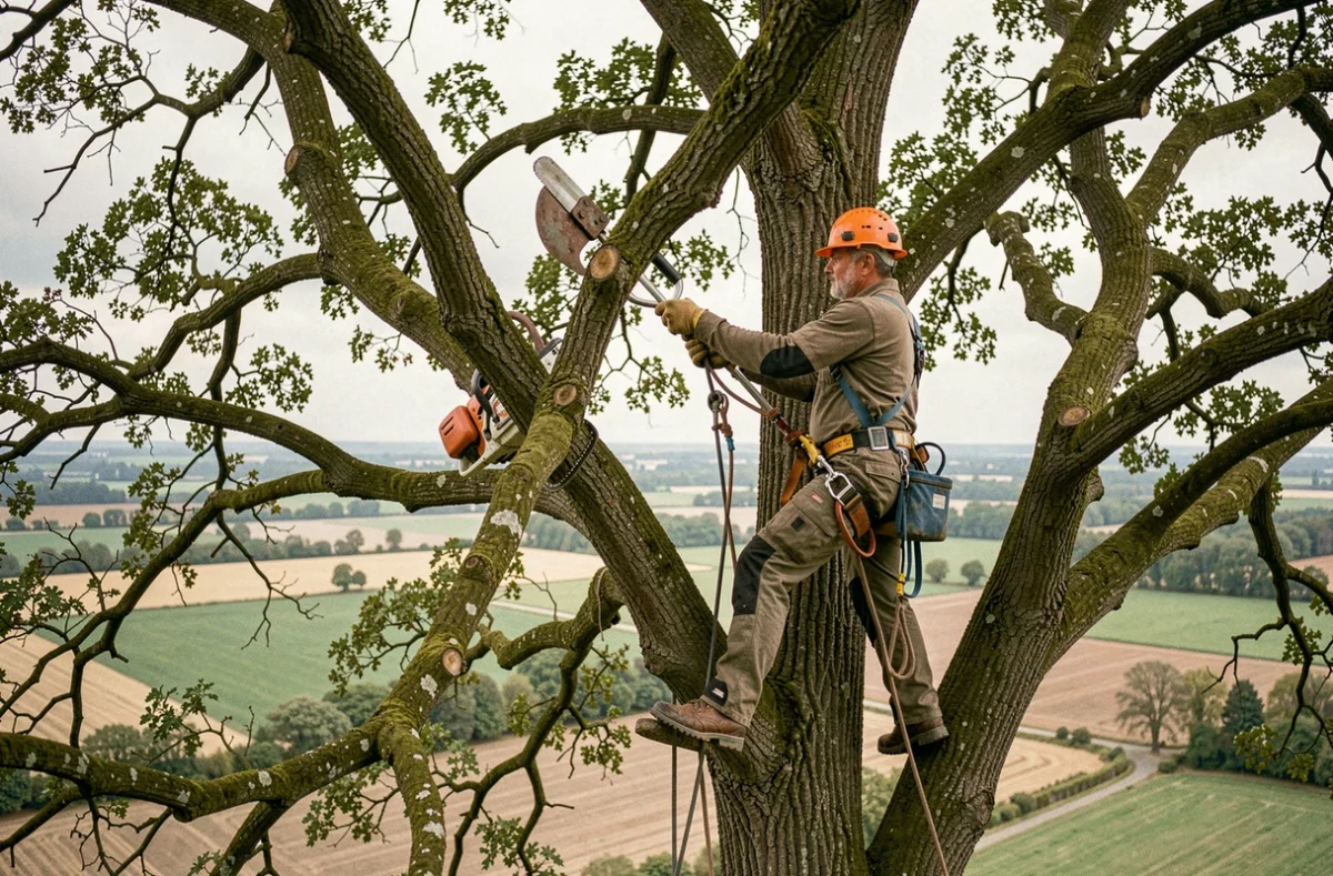Élagueur professionnel d'Elika SARL en train d'élaguer un grand arbre dans le secteur Mantois