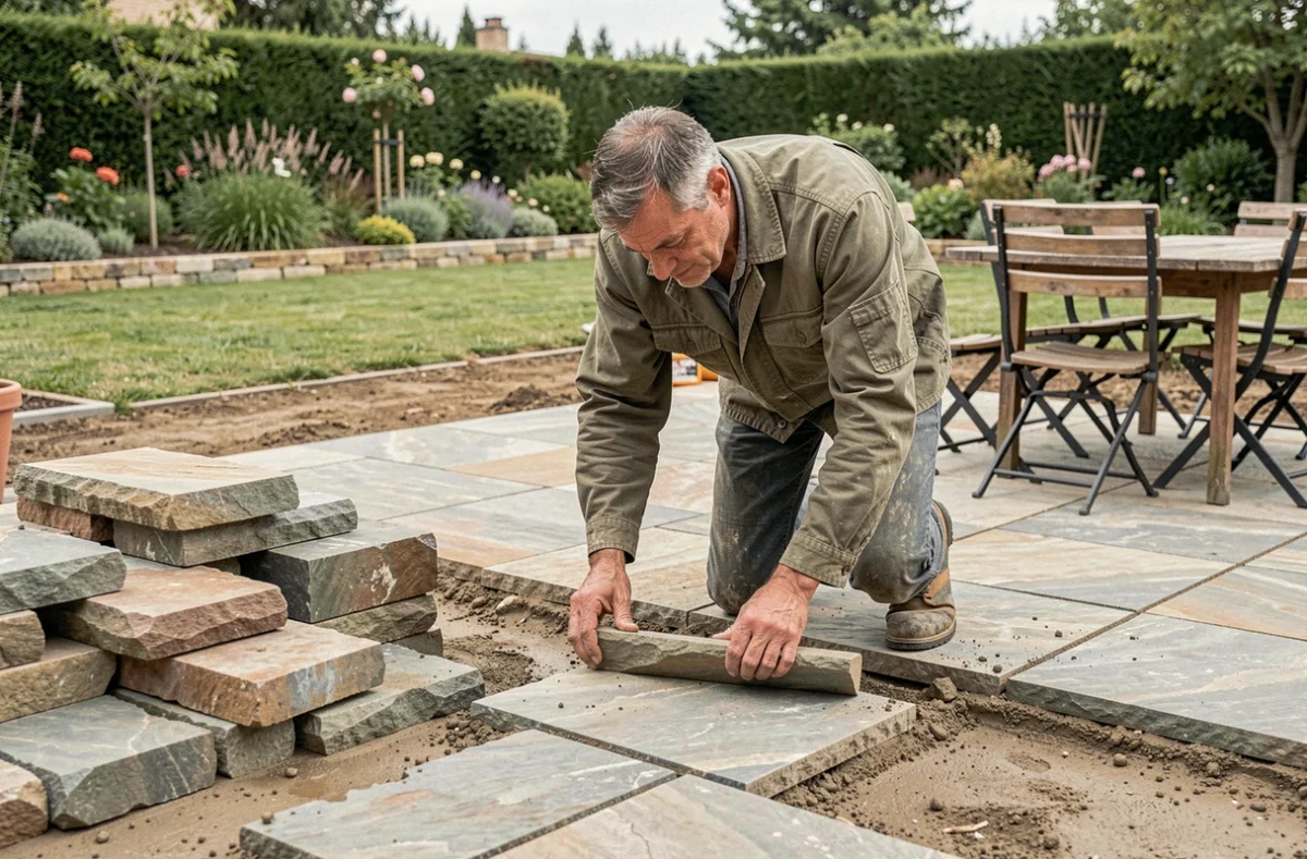 Artisan paysagiste Emilio De Oliveira posant des dalles en pierre naturelle pour une terrasse de jardin dans les Yvelines