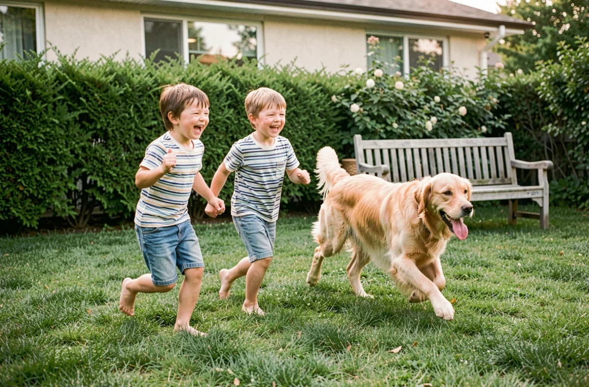 Enfants et chien jouant en toute sécurité sur une pelouse verte et entretenue dans un jardin familial