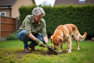 Femme qui enlève la mousse de sa pelouse à la main avec un chien golden retriever dans le jardin