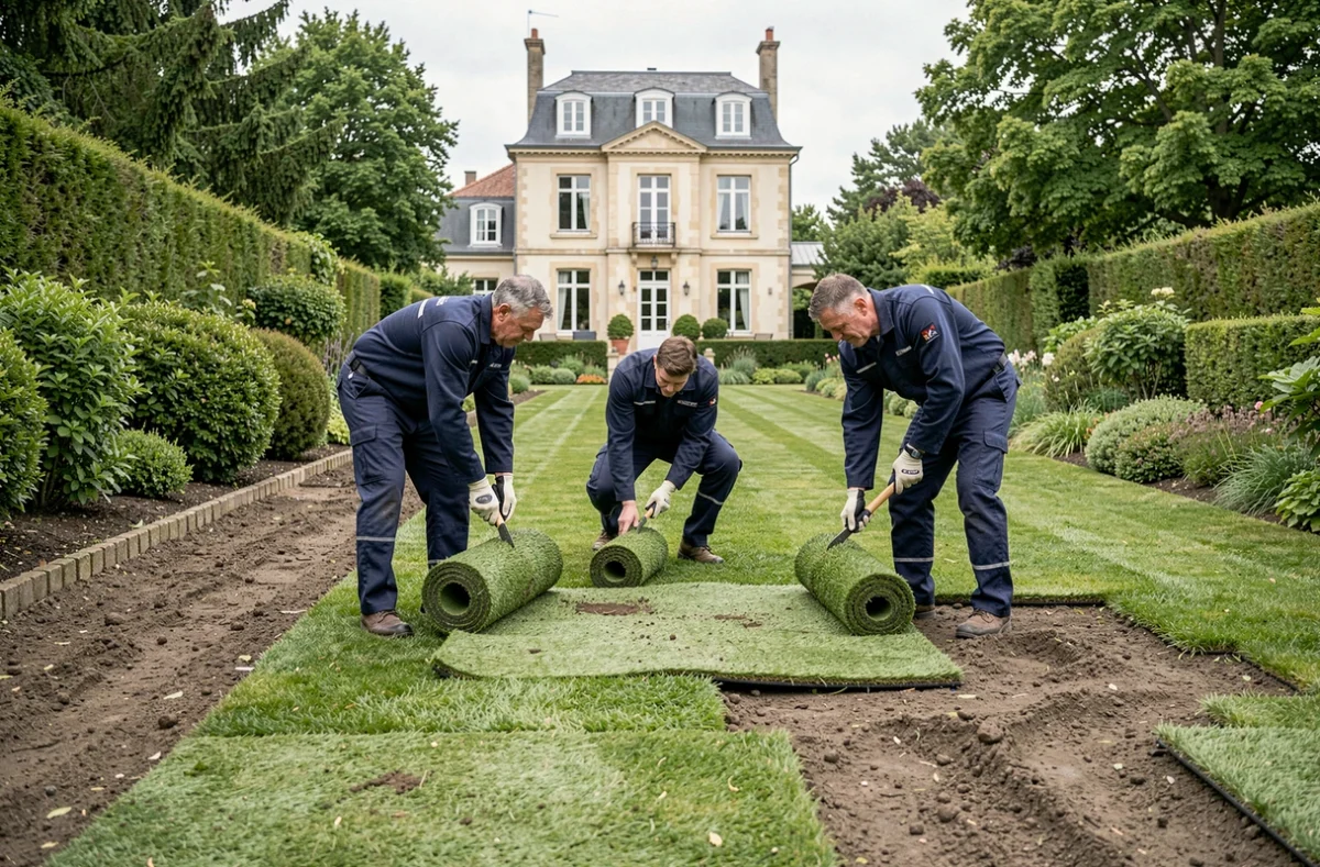 Équipe de l'Entreprise Neveu SARL déroulant des rouleaux de gazon dans un jardin résidentiel des Yvelines