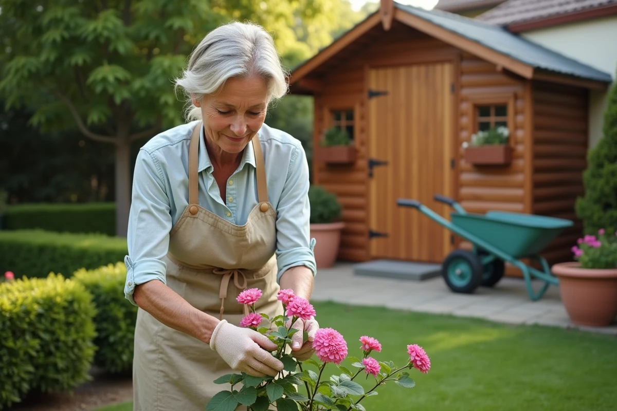 Femme jardinière taillant un arbuste fleuri rose au printemps dans un jardin entretenu et sans contraintes