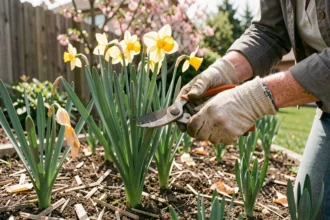 Femme jardinant qui coupe les feuilles de jonquilles fanées dans un massif après la floraison