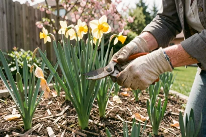 Femme jardinant qui coupe les feuilles de jonquilles fanées dans un massif après la floraison