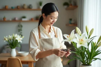 Femme entretenant un lys blanc en pot à l'intérieur d'un salon, taillant la tige avec des ciseaux de jardinage sur une table en bois
