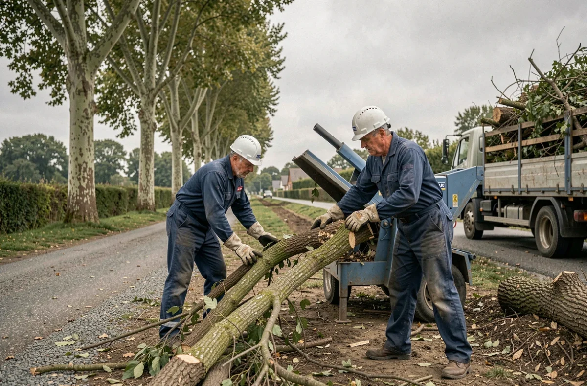 Deux élagueurs alimentant un broyeur de branches en bord de route dans les Landes, travail d'équipe en élagage