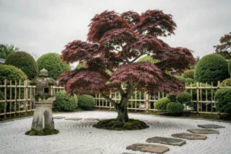 Érable japonais rouge en point focal d'un jardin zen avec gravier râtelé et lanterne en pierre