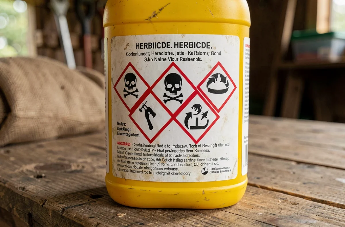 Gros plan sur les pictogrammes de danger et mentions réglementaires d'une étiquette de glyphosate agricole
