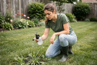 Femme appliquant un désherbant sélectif sur une pelouse verte avec un pulvérisateur manuel dans un jardin résidentiel