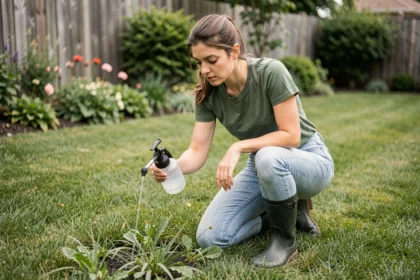 Femme appliquant un désherbant sélectif sur une pelouse verte avec un pulvérisateur manuel dans un jardin résidentiel