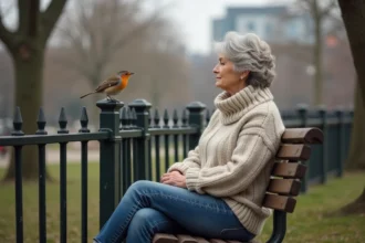 Femme assise sur un banc avec un rouge-gorge à côté