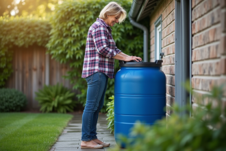 Femme vérifiant un tonneau d'eau de pluie devant sa maison