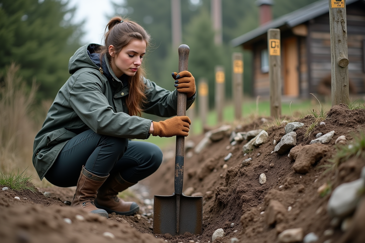 Femme inspectant un trou dans un terrain rocheux avec une barre à mine