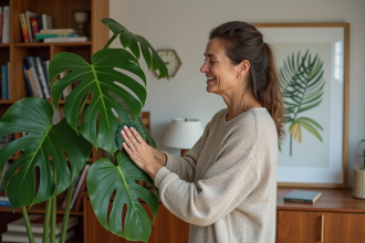 Femme d'âge moyen dustant une plante monstera dans un salon cosy