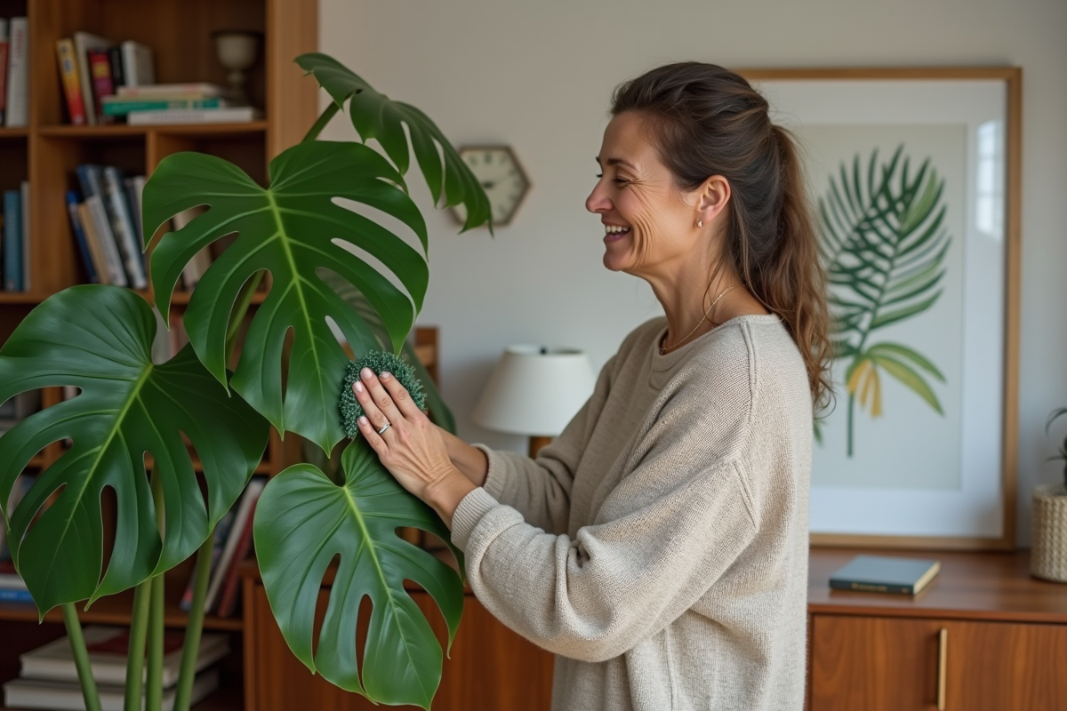Femme d'âge moyen dustant une plante monstera dans un salon cosy