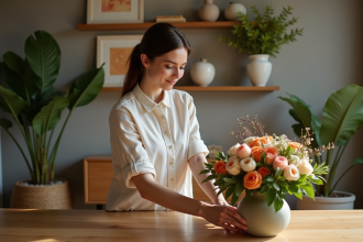 Femme arrangeant un bouquet floral dans un salon moderne