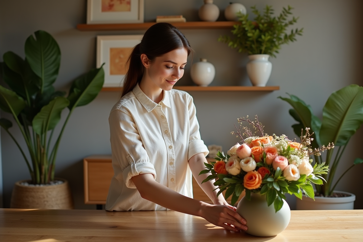 Femme arrangeant un bouquet floral dans un salon moderne