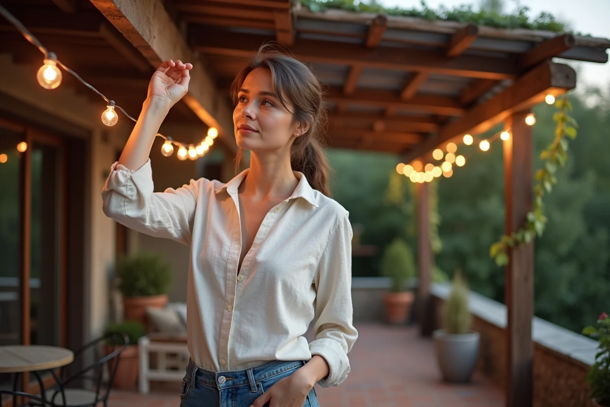 Femme installant une guirlande solaire extérieure sur une pergola en bois sur une terrasse décorée