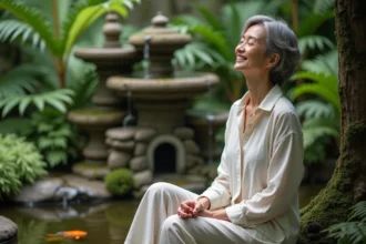 Femme détendue assise près d'une fontaine en bambou dans un jardin