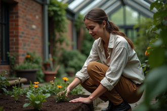 Jeune femme examine des fleurs dans un conservatoire