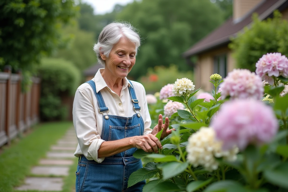 Femme en salopette et chemise tendant des hydrangeas en jardin
